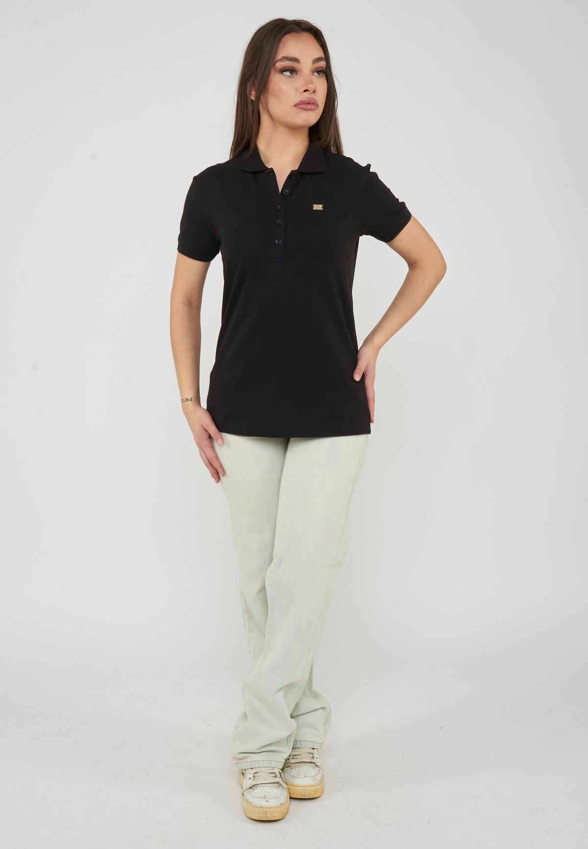 Polo jersey di cotone stretch con logo in metallo Core Lady Black 