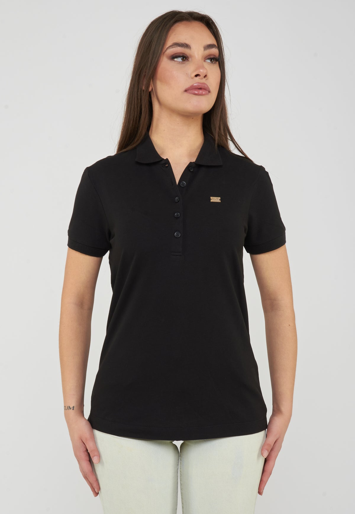 Polo jersey di cotone stretch con logo in metallo Core Lady Black 