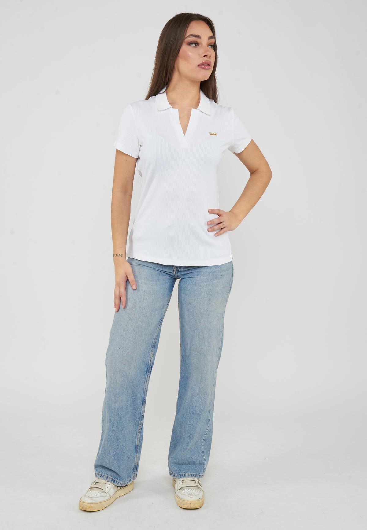 T-shirt scollo polo in jersey di viscosa stretch White 