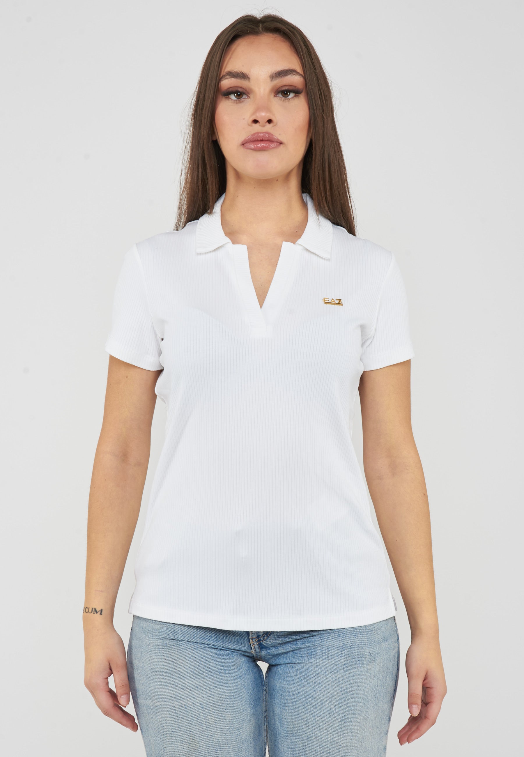 T-shirt scollo polo in jersey di viscosa stretch White 