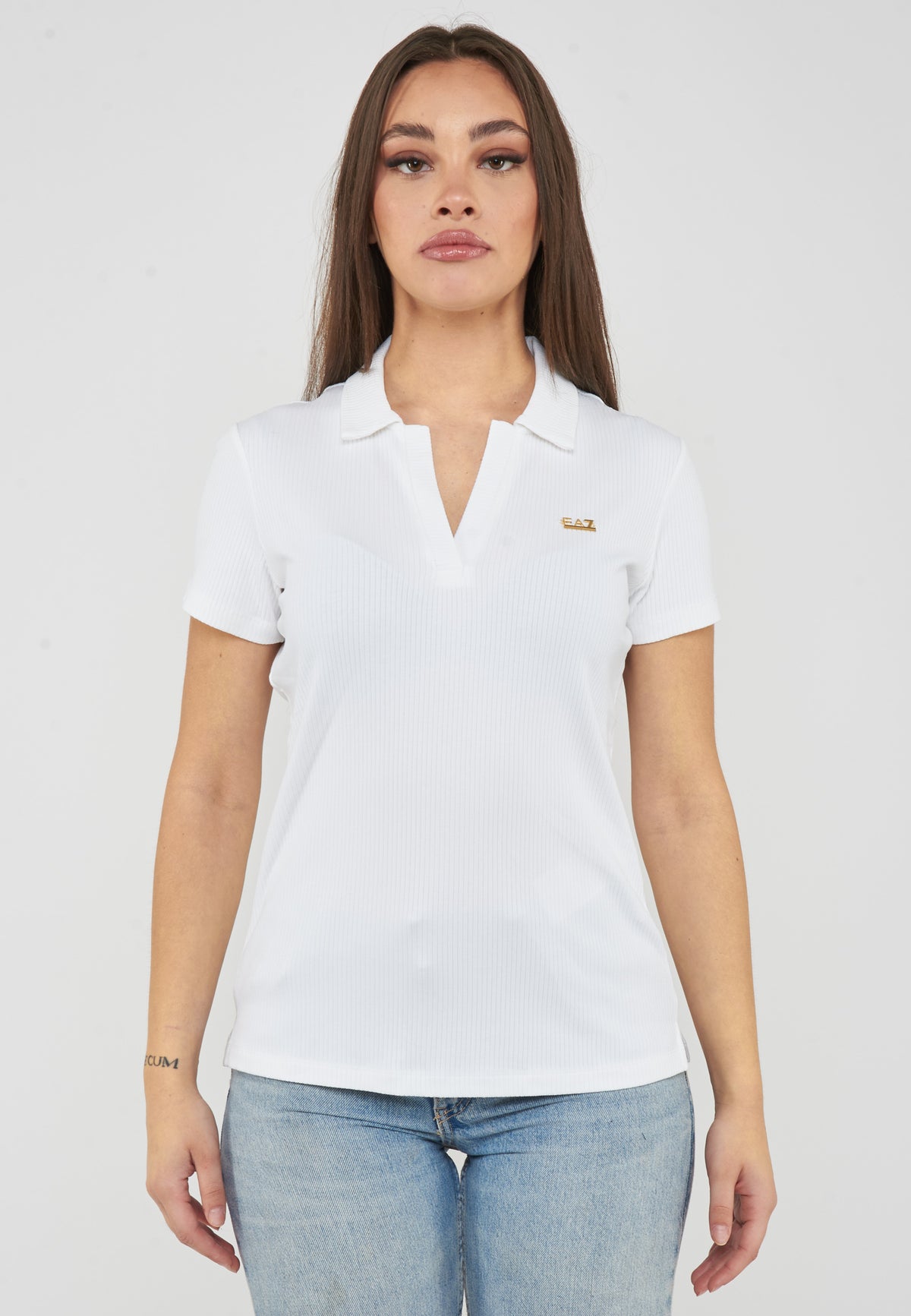 T-shirt scollo polo in jersey di viscosa stretch White 