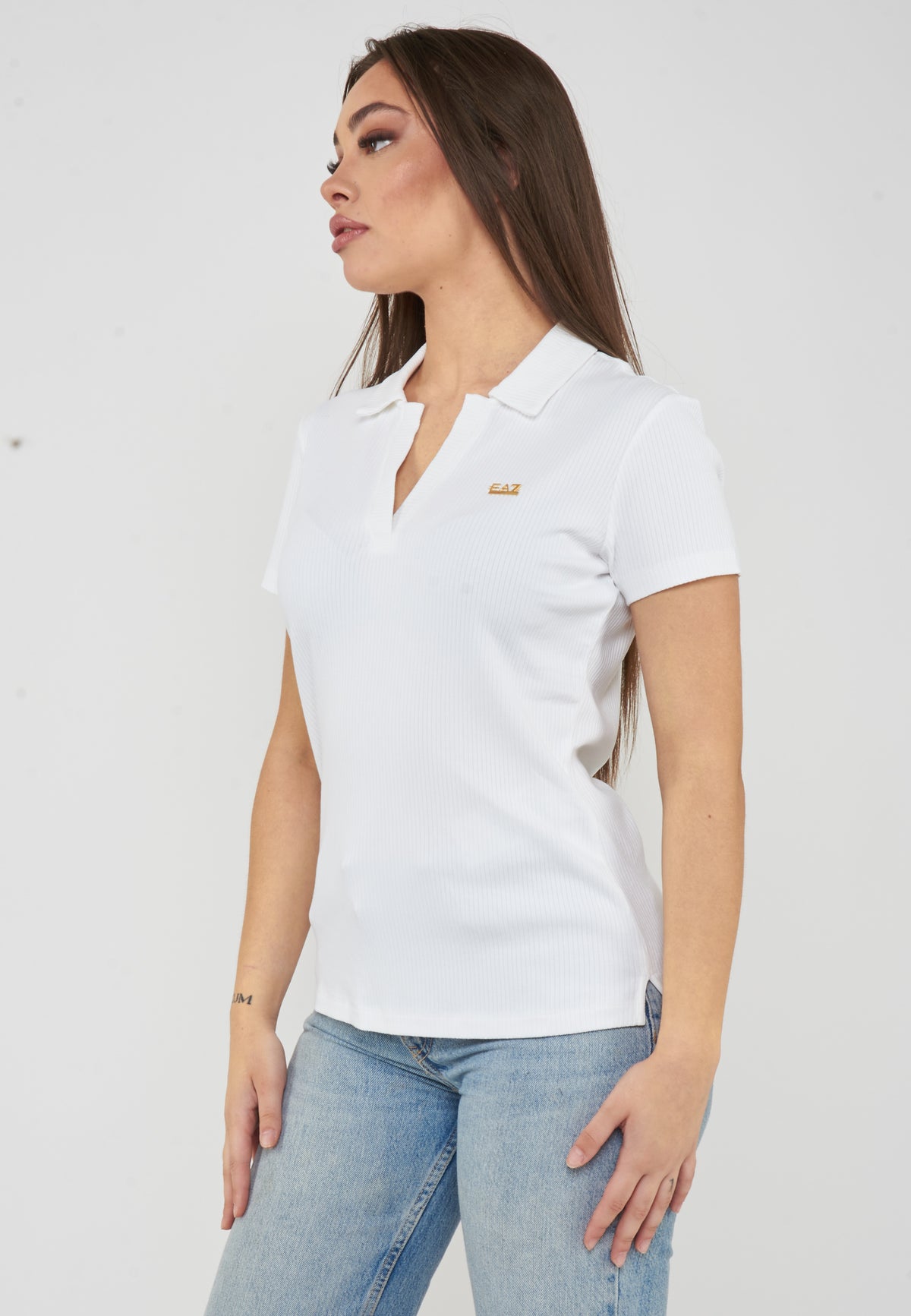 T-shirt scollo polo in jersey di viscosa stretch White 