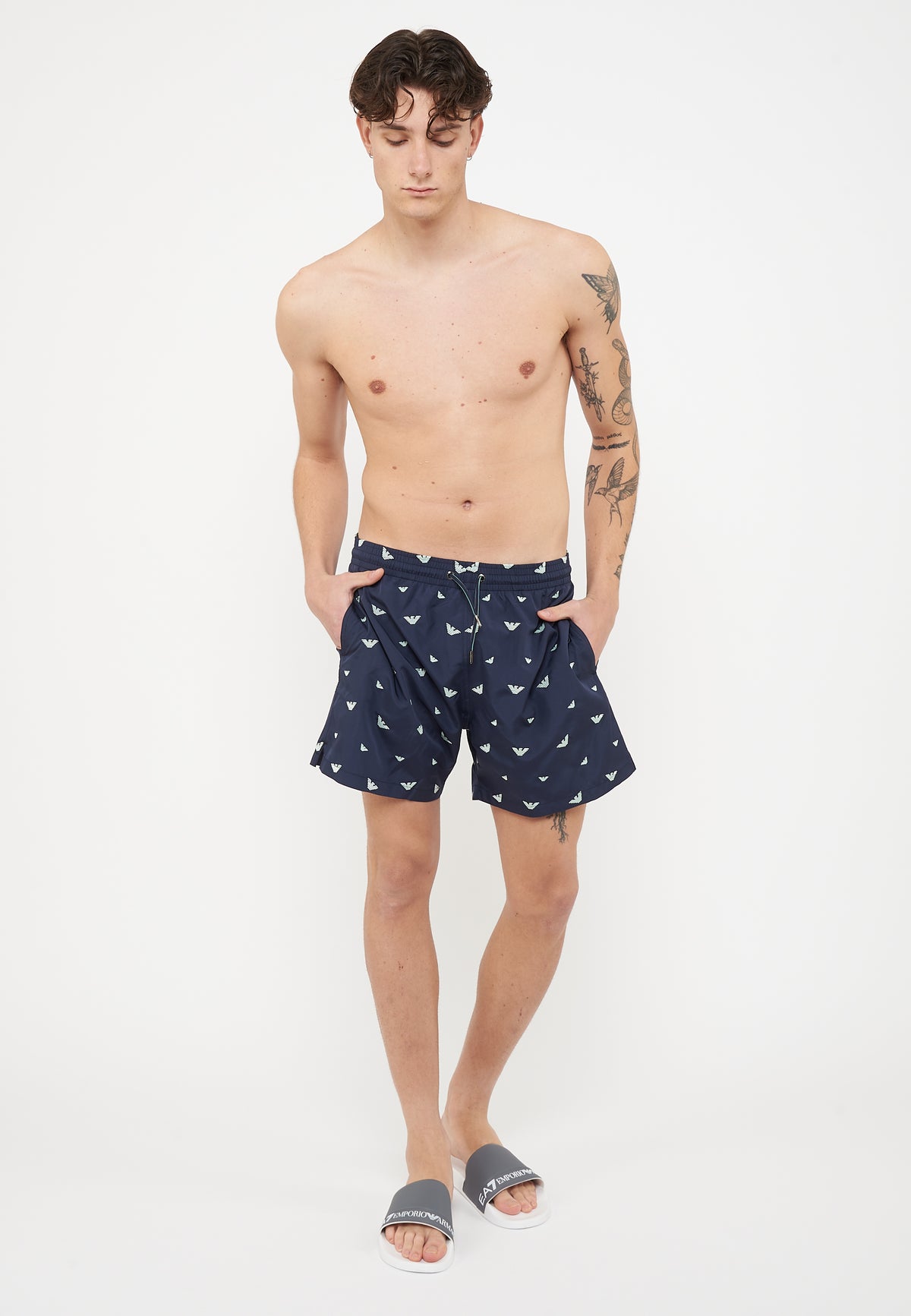Costume shorts ricamo micro eagle all over Blue Aqua 