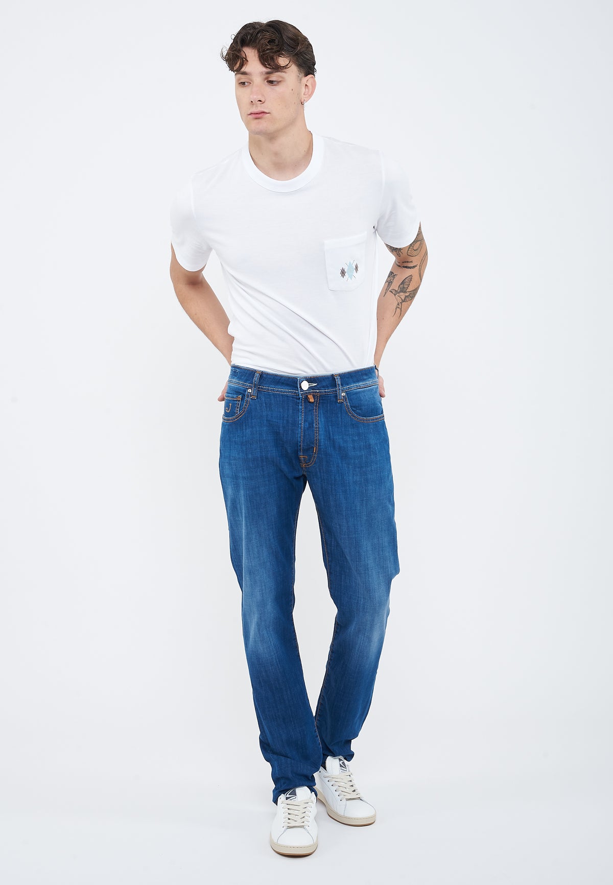 Jeans 5 tasche Bard regular-slim in denim super stretch blu medio lavaggio vintage 