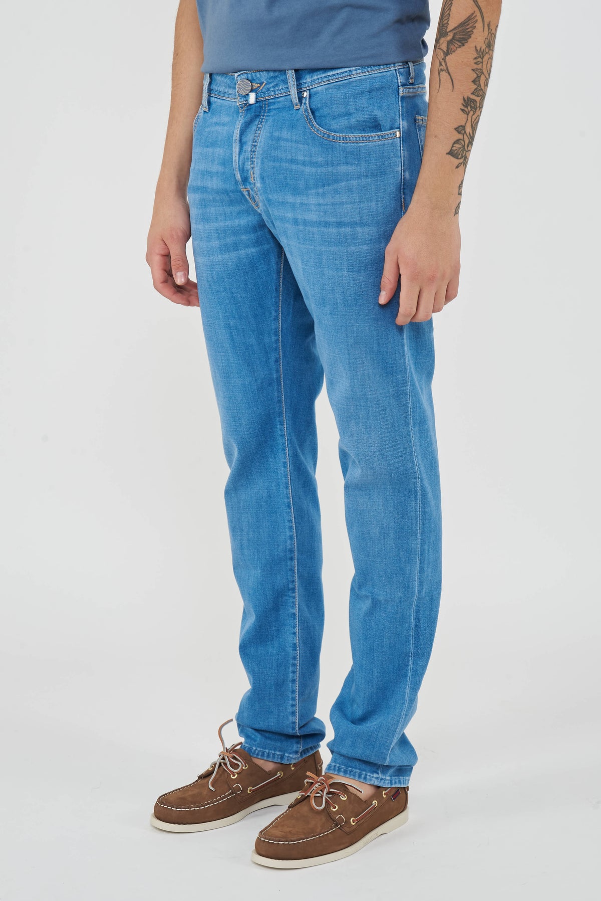Jeans 5 tasche Nick slim in denim power stretch blu chiaro lavaggio stone 