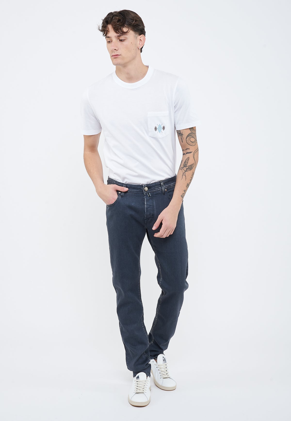 Jeans 5 tasche Nick slim  in denim super stretch grigio scuro lavaggio stone 