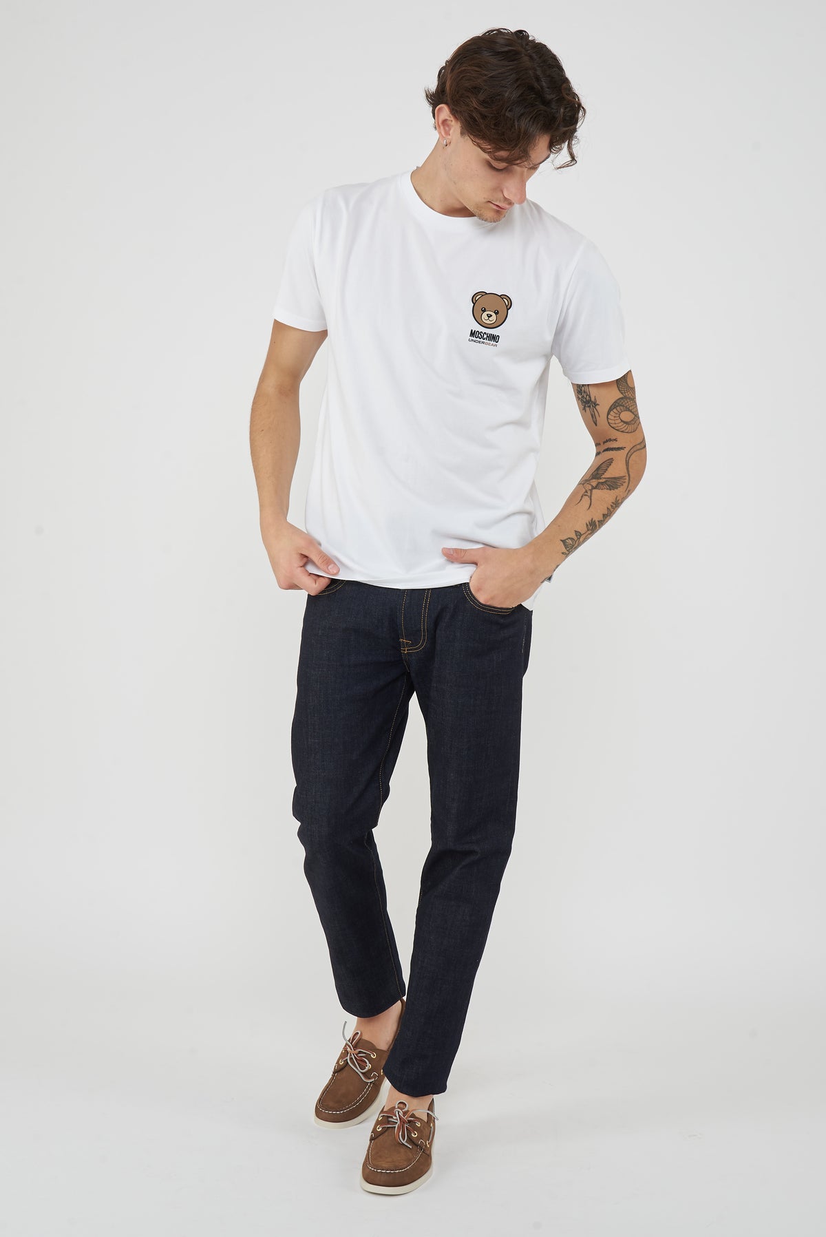 T-Shirt Uomo Tinta Unita Con Logo Bear In Rilevo Bianco 