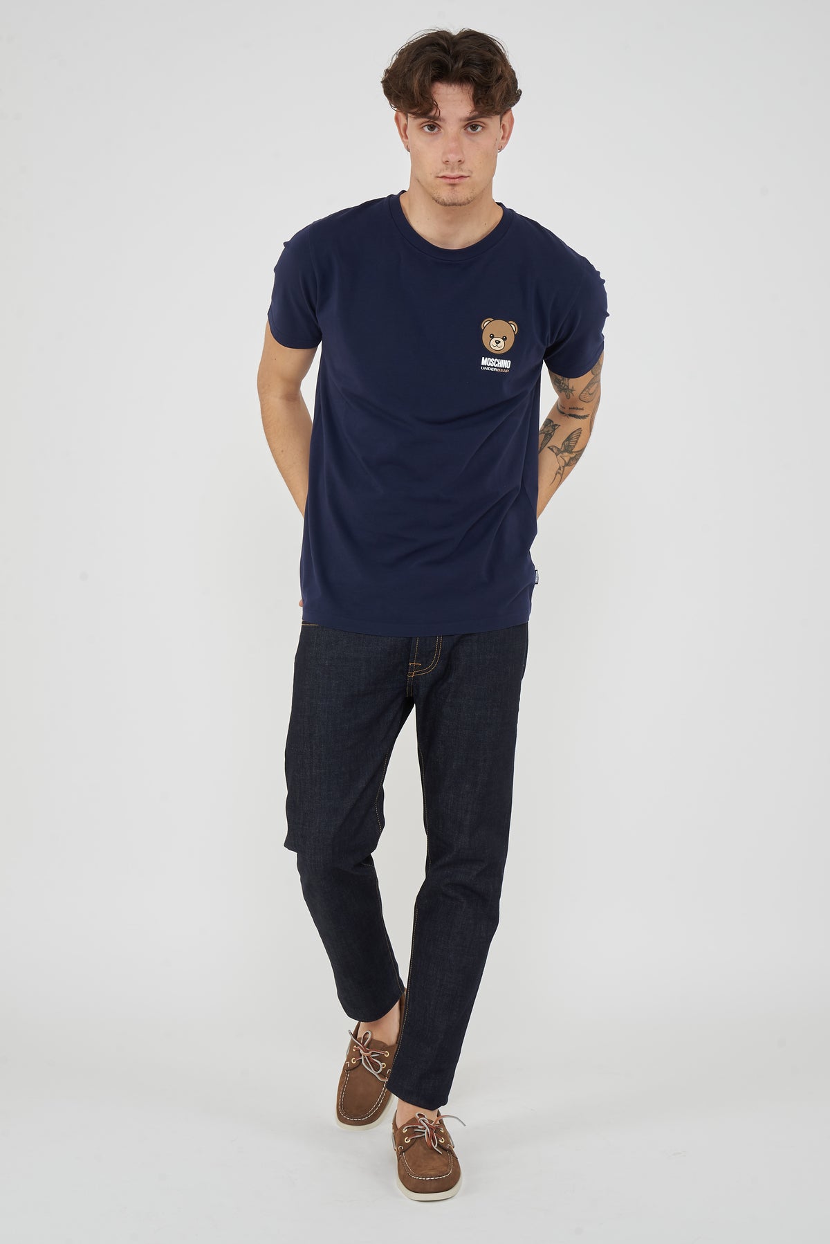 T-Shirt Uomo Tinta Unita Con Logo Bear In Rilevo Blue 