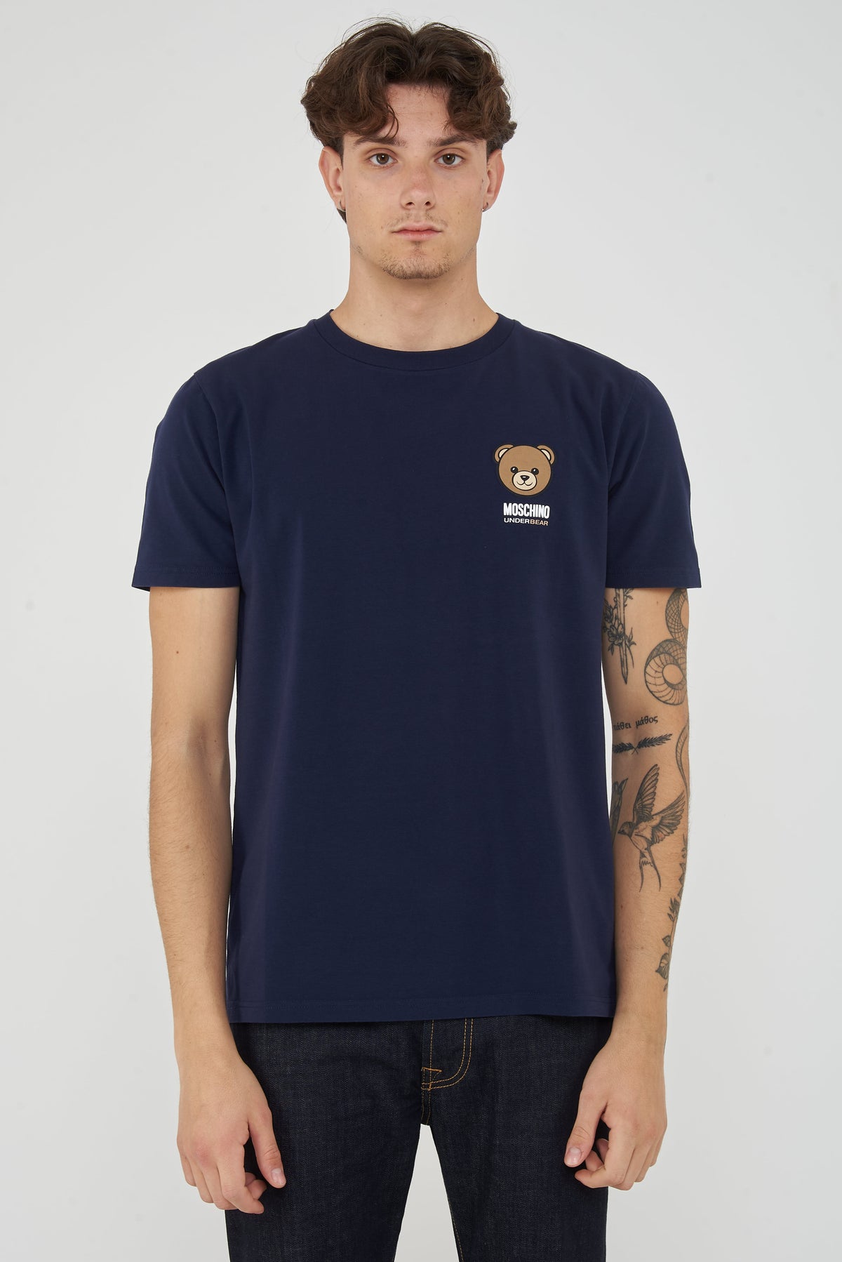 T-Shirt Uomo Tinta Unita Con Logo Bear In Rilevo Blue 