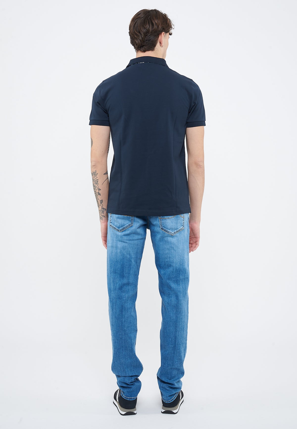 Navy blue cotton polo shirt with paisley print