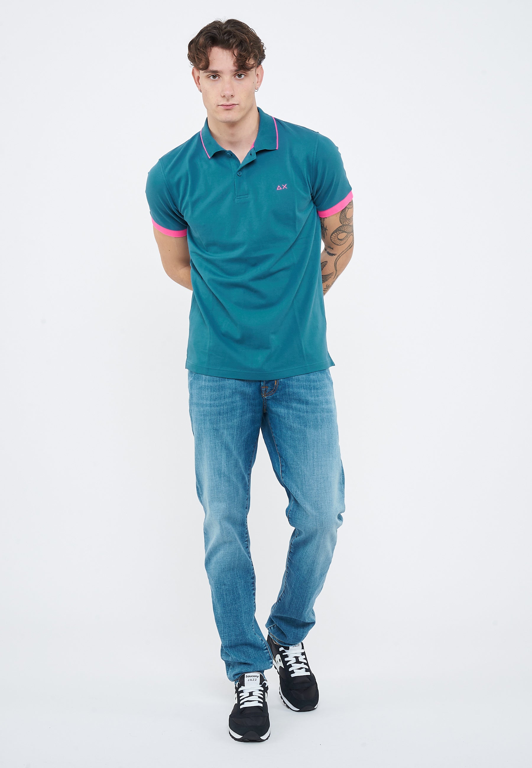 Polo con bordi fluo in cotone avio scuro 