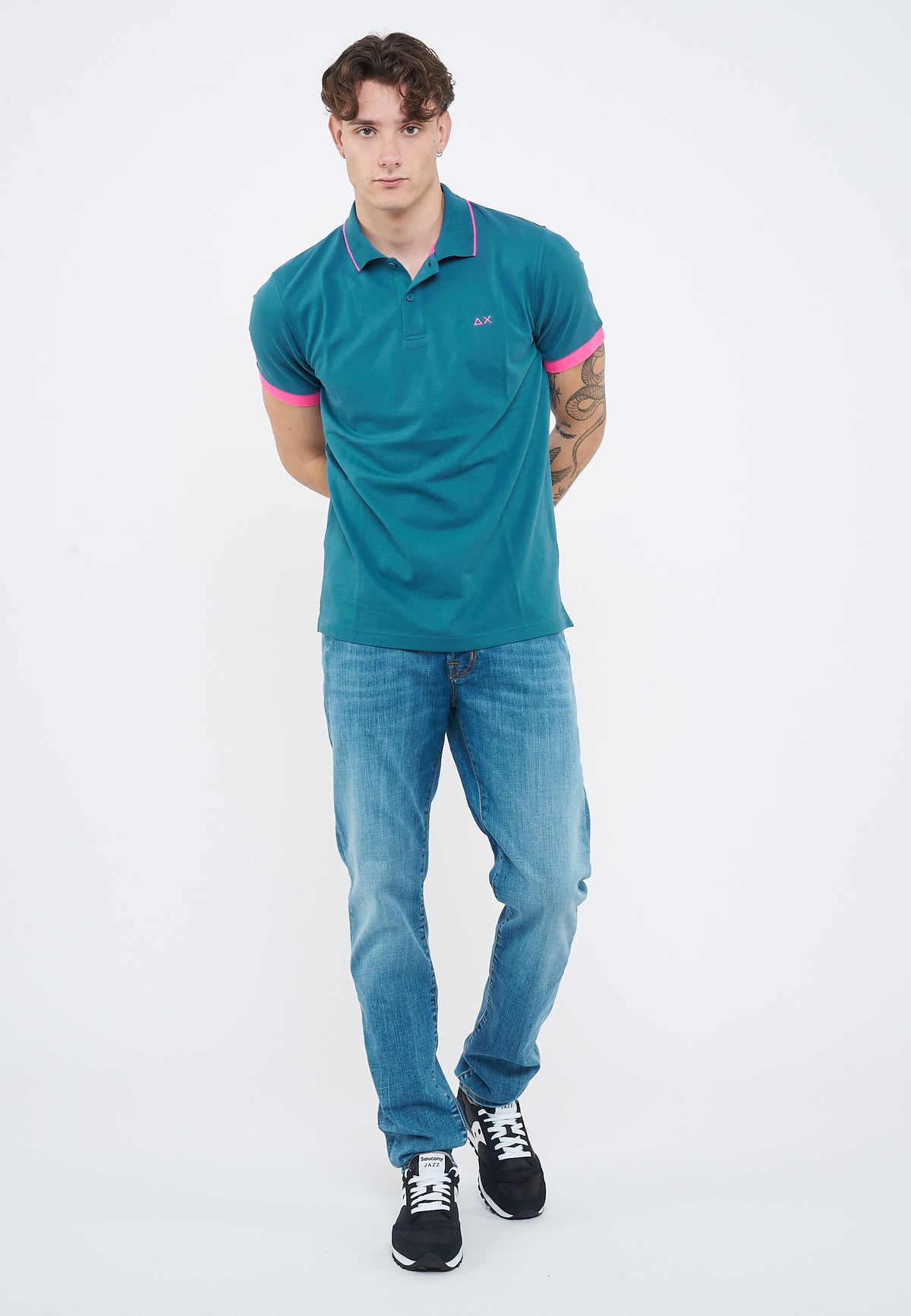 Polo con bordi fluo in cotone avio scuro 