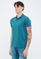 Polo con bordi fluo in cotone avio scuro 