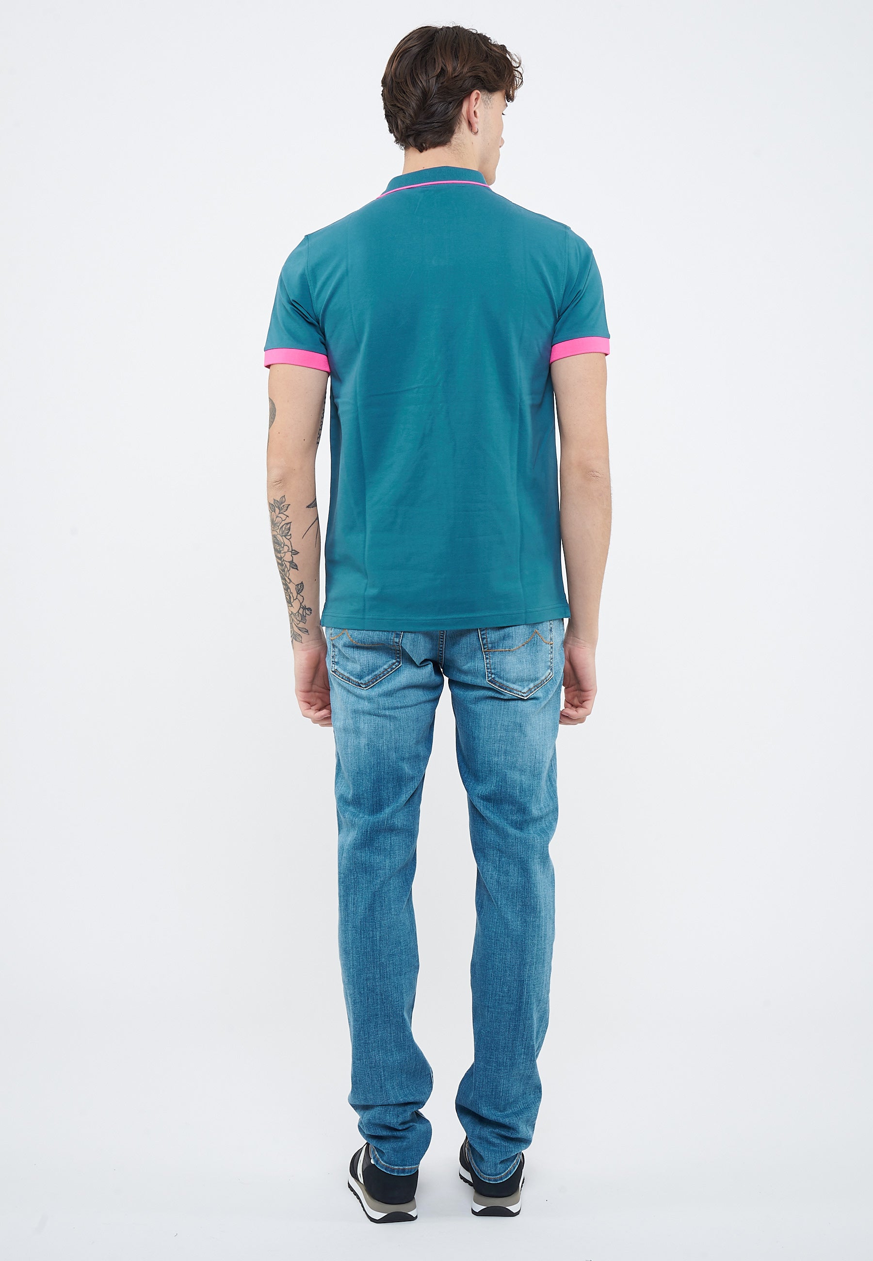 Polo con bordi fluo in cotone avio scuro 