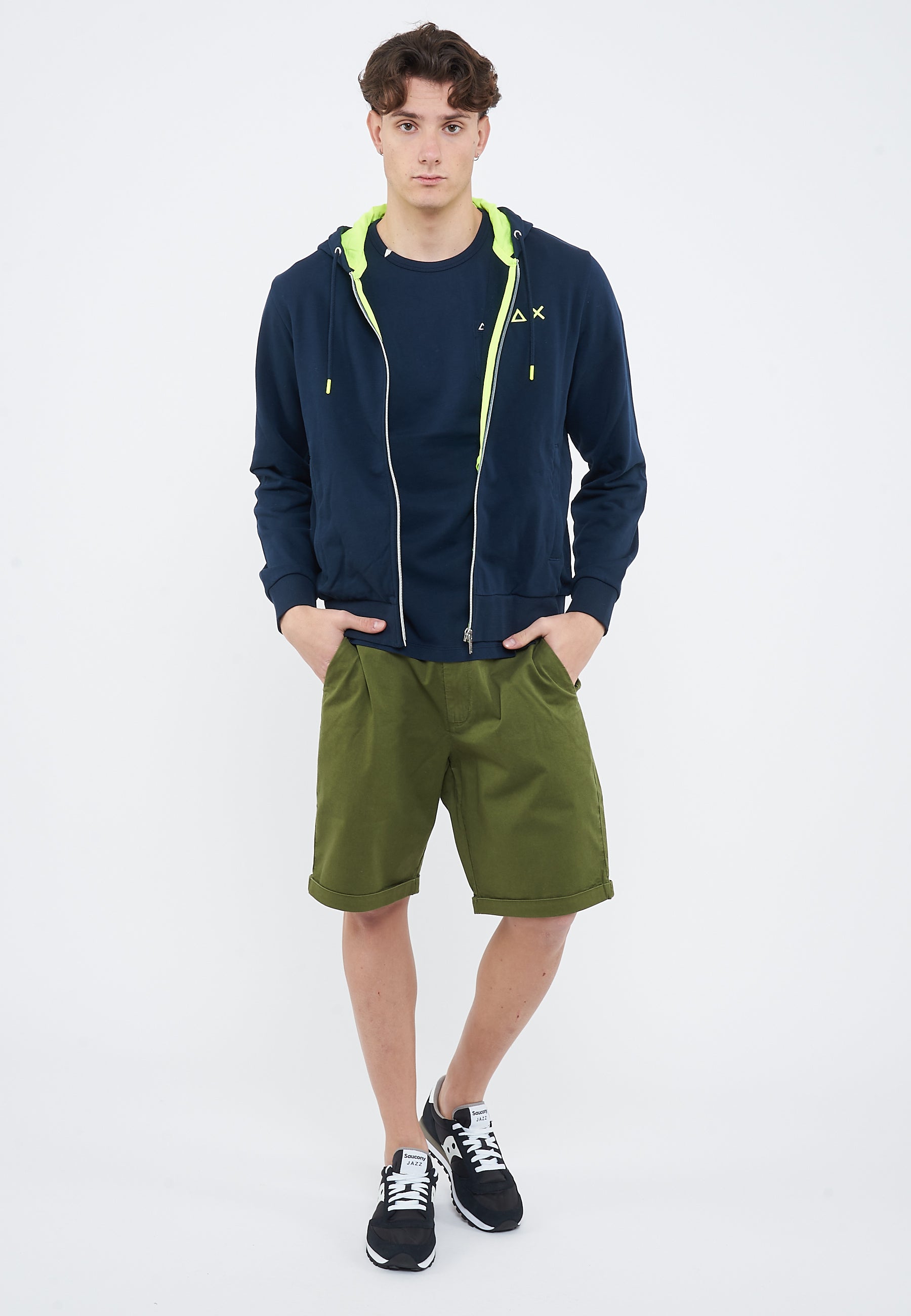 Felpa in cotone con cappuccio e zip blu navy 