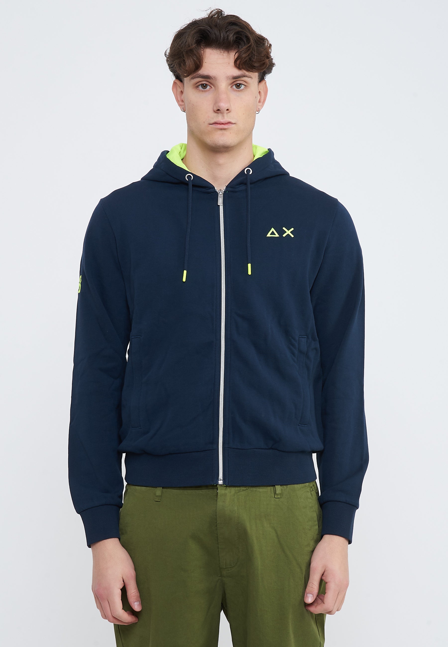 Felpa in cotone con cappuccio e zip blu navy 