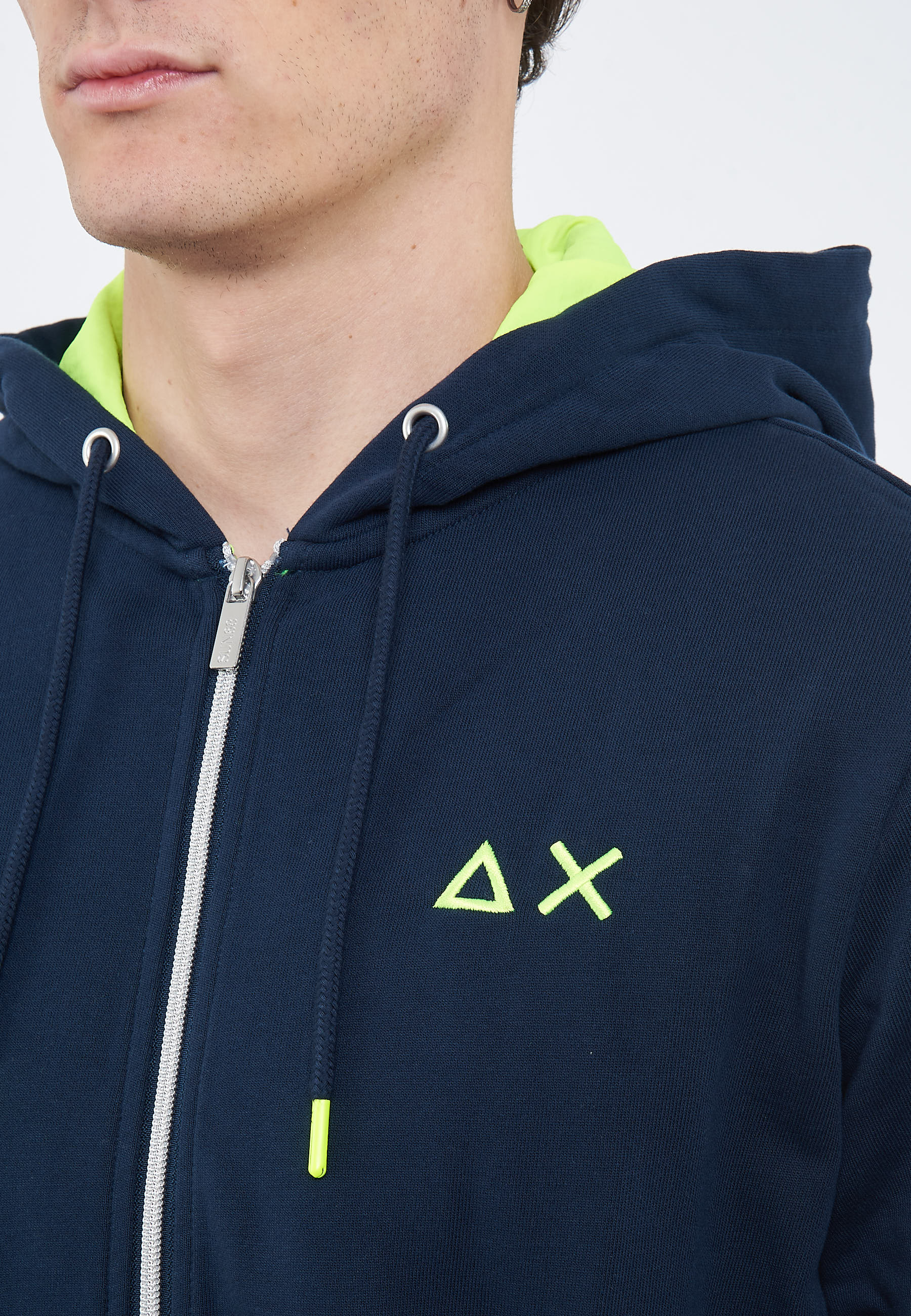 Felpa in cotone con cappuccio e zip blu navy 