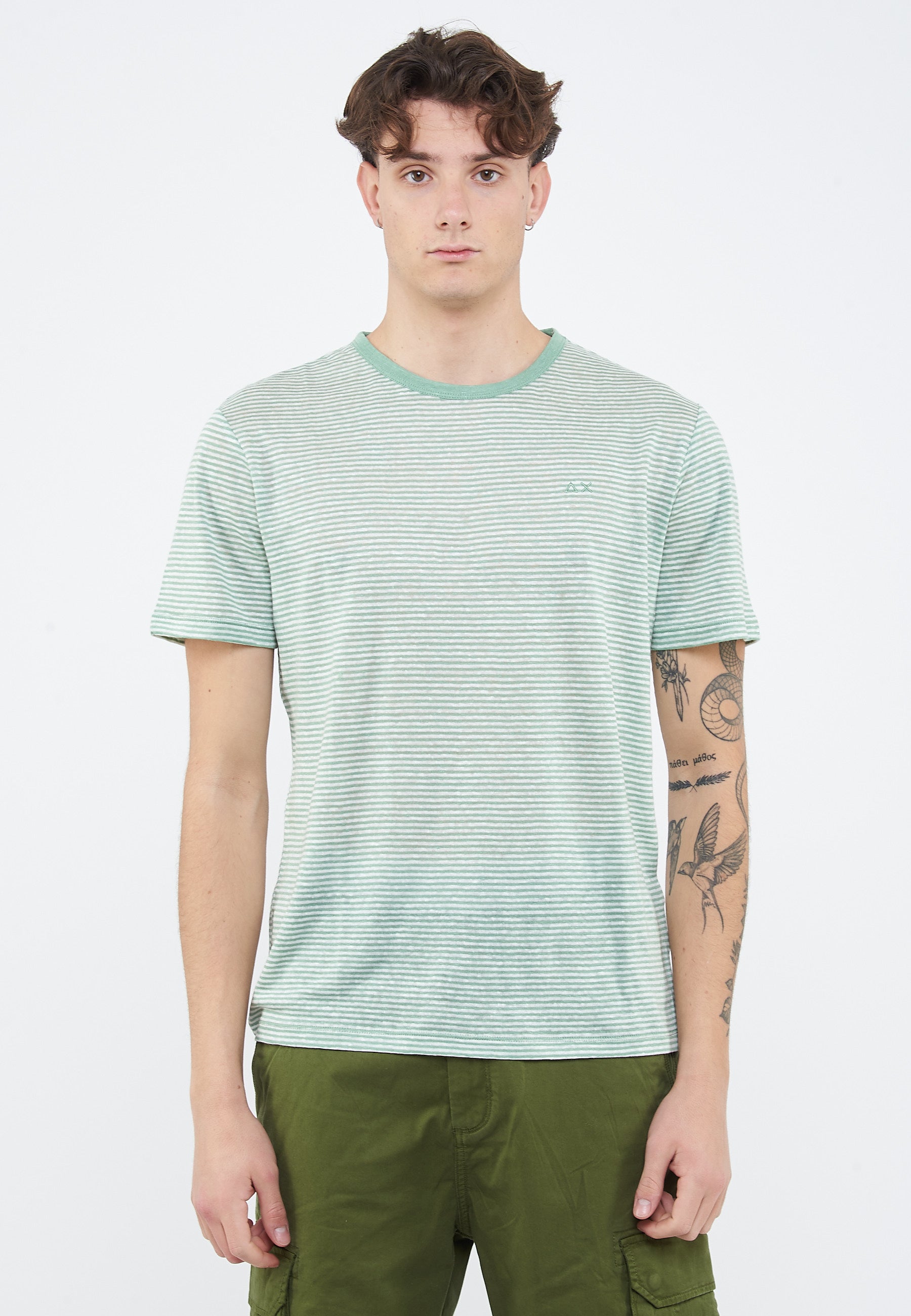T-shirt in jersey di lino verde salvia bianco panna 