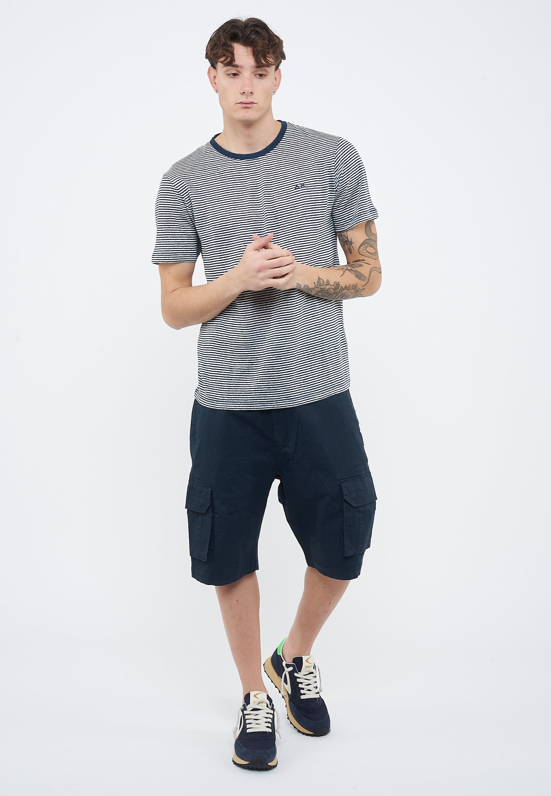 T-shirt in jersey di lino navy blue bianco panna 