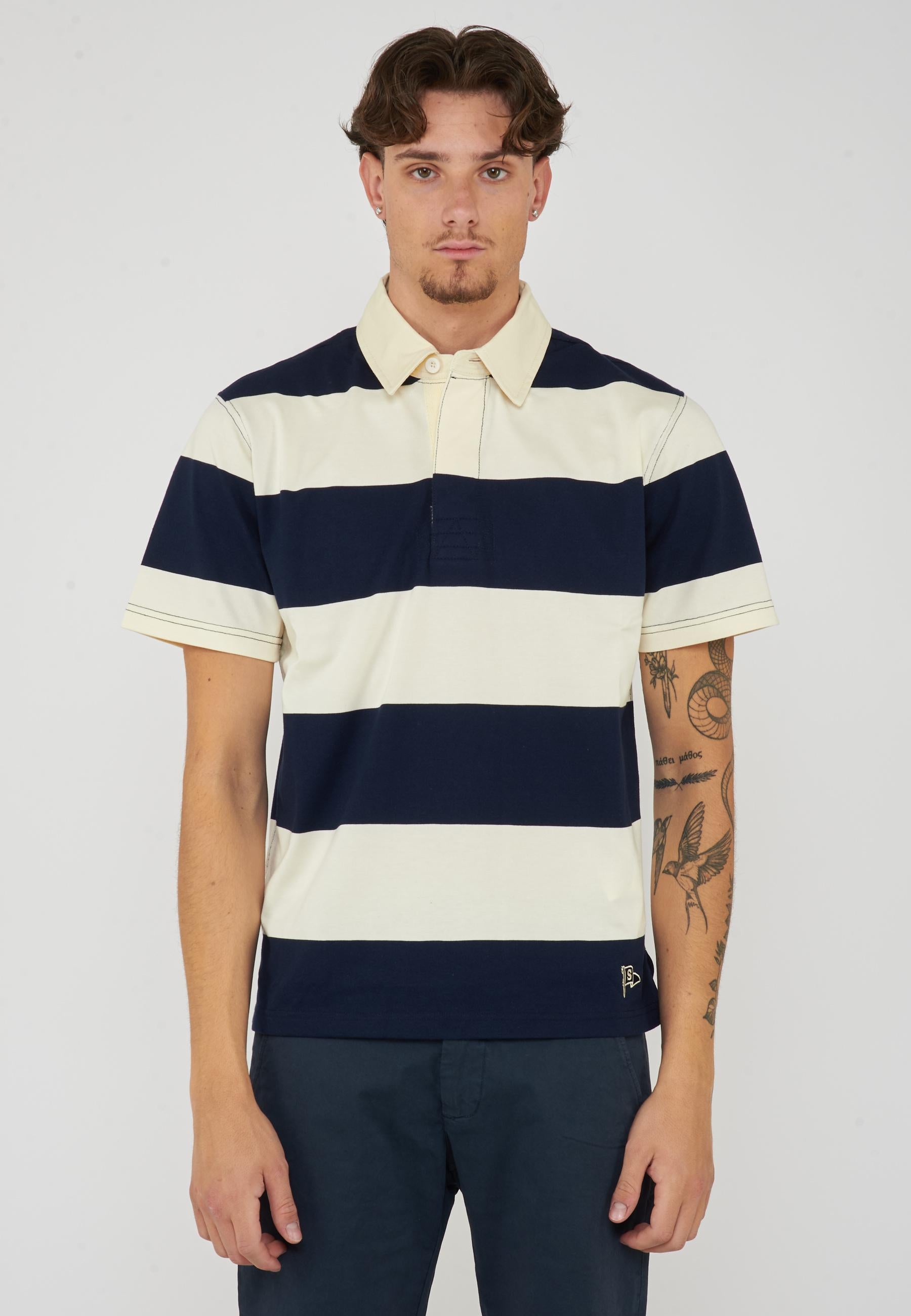 Campell Polo unisex classica in cotone bianco e blu 